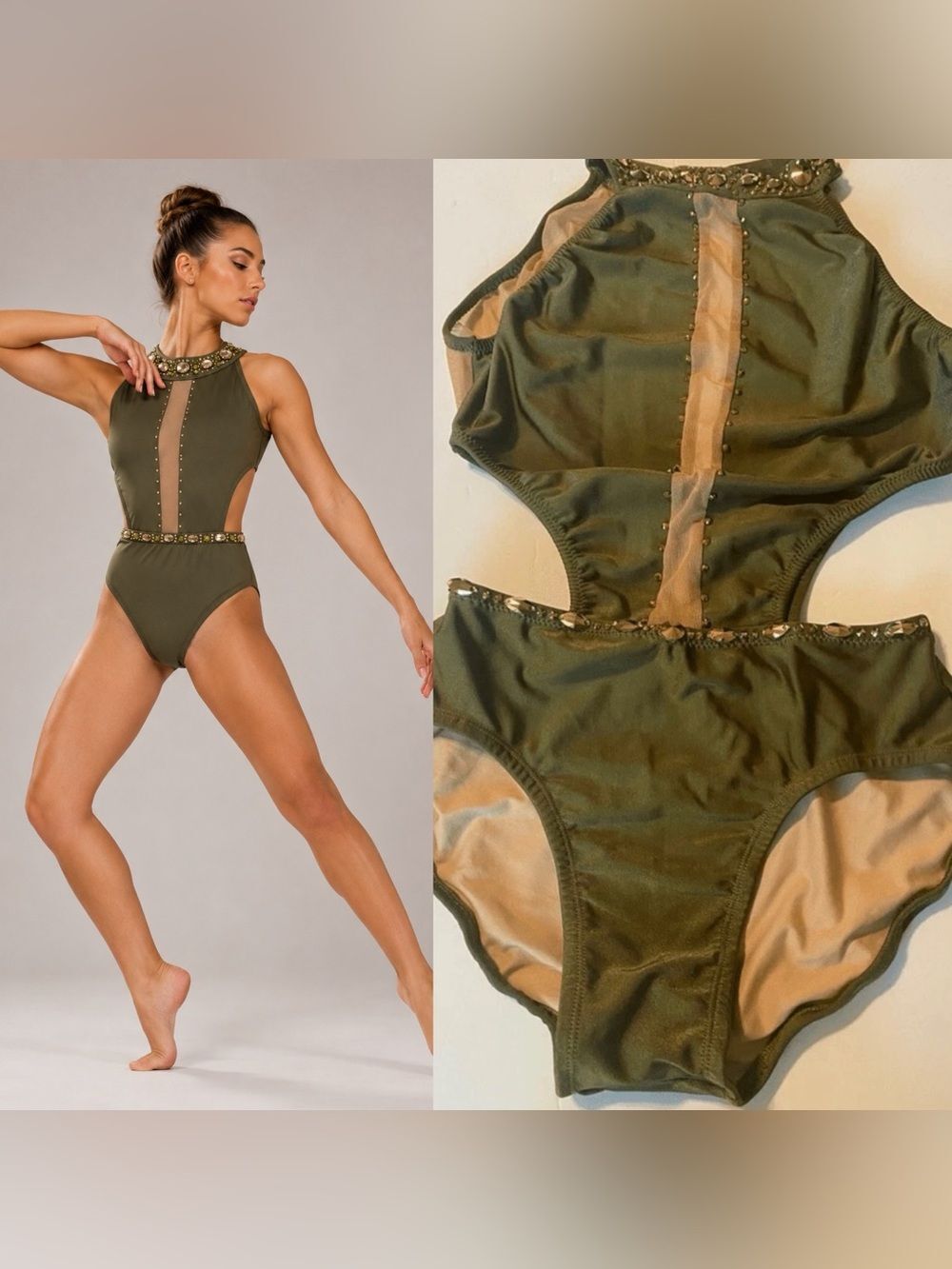 Custom solo dance costume leotard illusion olive green gold rhinestone SA